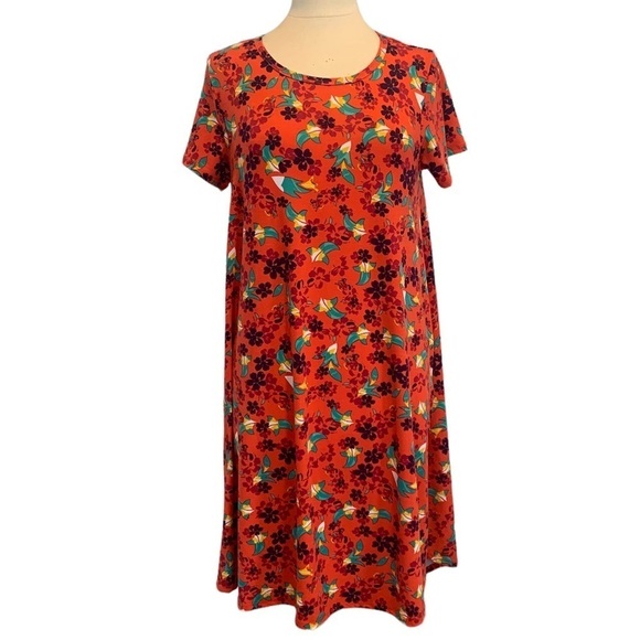 LulaRoe Carly Tee Shirt Dress Orange Floral short sleeved Comfy Size Medium - Picture 1 of 7